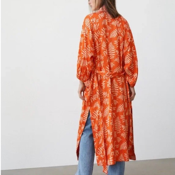 NWT ZARA Long Orange and White fern print Hanoi Kimono with belt size S - Picture 4 of 10